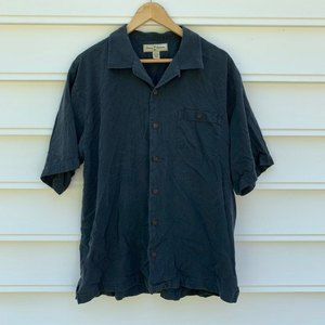 Tommy Bahama Silk Blend Tropical Navy Button-Up Short Sleeve Shirt, Size Large